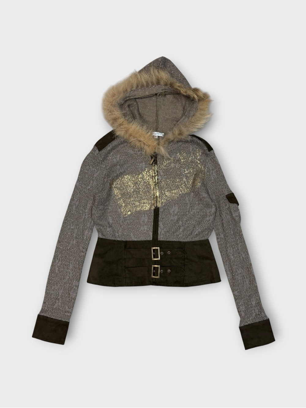 LUCY PARIS METALLIC TWEED FUR-HOOD MOTO JACKET